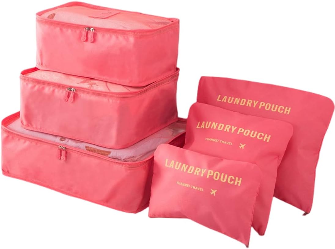 Set of 6 Travel Storage Bags, Lightweight Luggage Organizer Set for suitcase (Watermelon Rey)